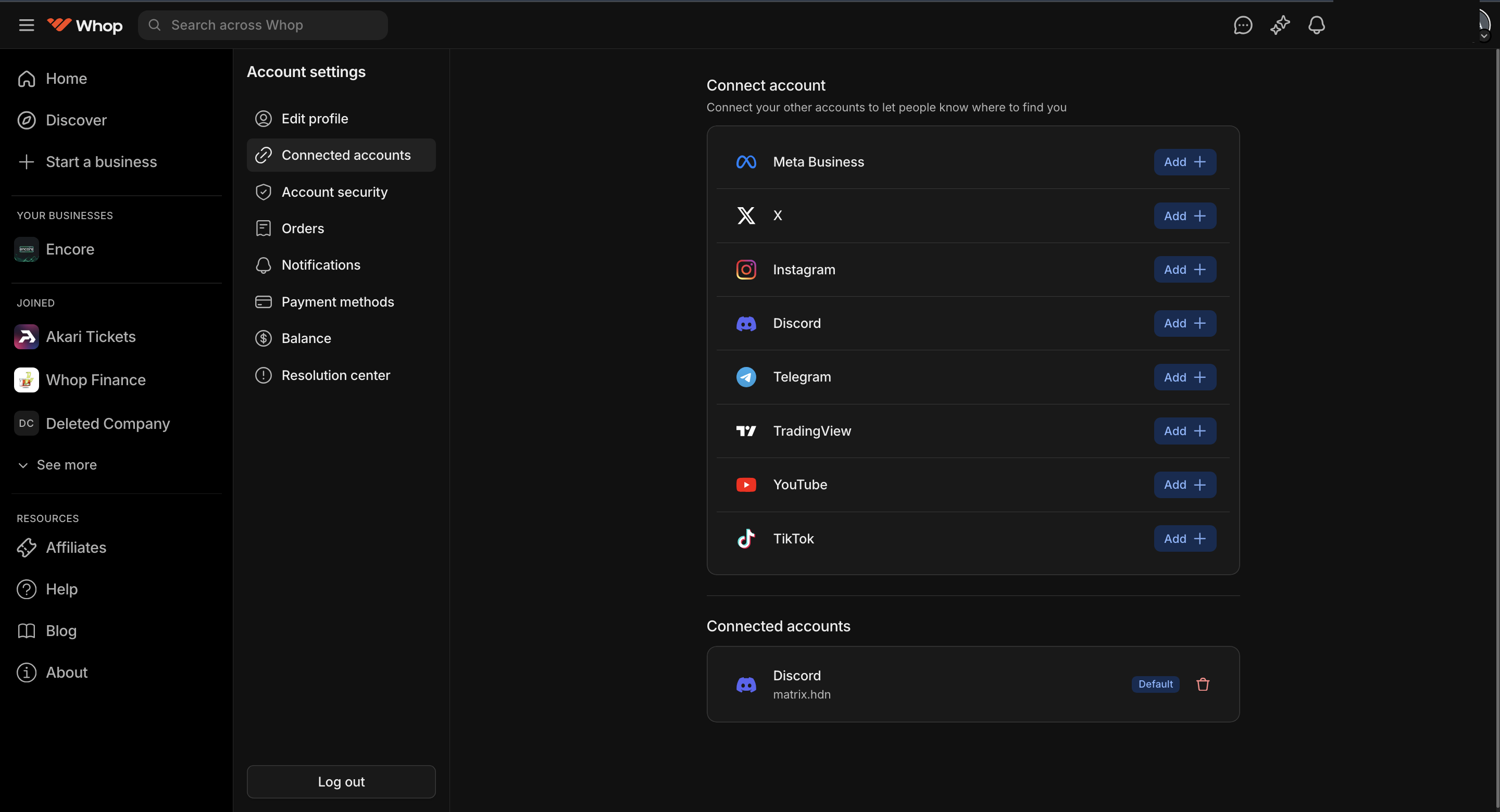 Whop Connected Accounts page